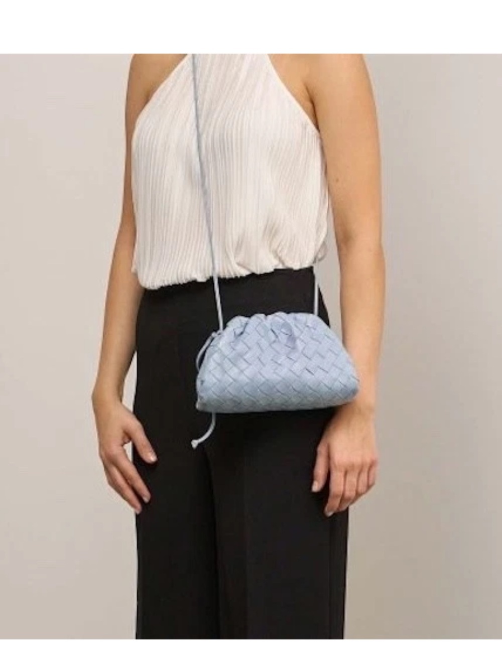 BOTTEGA VENETA Pouch Mini Crossbody Bag Woven Lambskin Leather Light Blue